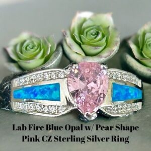 Illustrious Blue Lab Opal & Pink Pear Cut & Clear CZ Sterling Silver Ring
